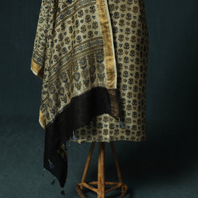 Beige - Ajrakh Hand Block Print Natural Dyed Maheshwari Silk 2pc Unstitched Dress Material Kurta Set 29