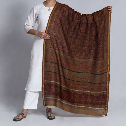 Brown - Bagh Block Printed Natural Dyed Chanderi Silk Handloom Dupatta with Zari Border