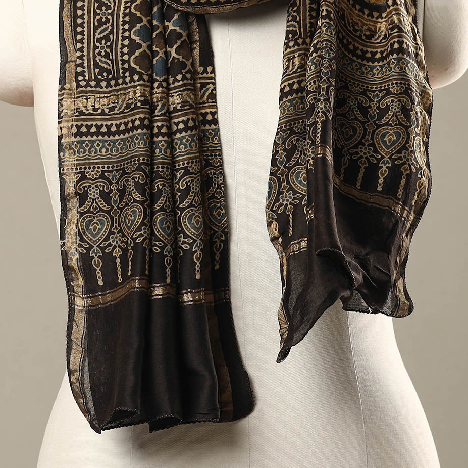 Black - Handloom Chanderi Silk Block Printed Ajrakh Stole 25