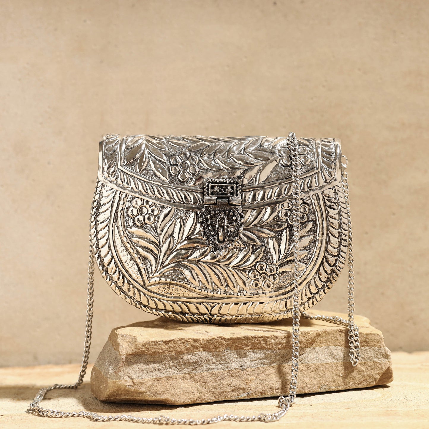 Grey - Brass Metal Self Designed Antique Sling Clutch