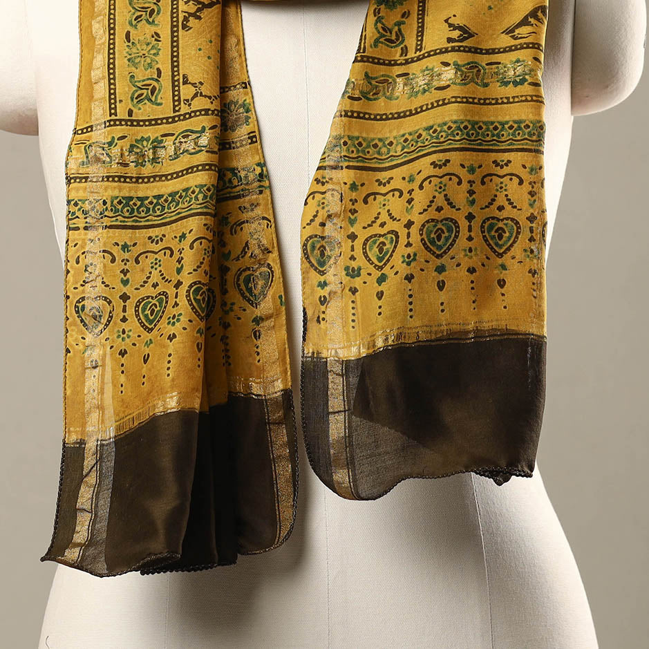 Yellow - Handloom Chanderi Silk Block Printed Ajrakh Stole 12