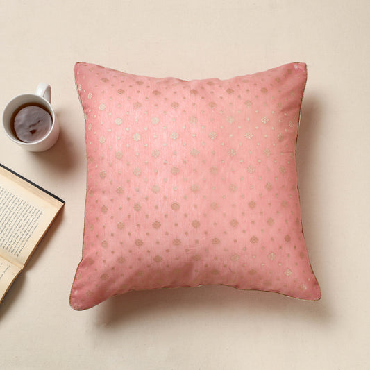 Pink - Banarasi Handwoven Zari Work Silk Cotton Cushion Cover (16 x 16 in) 06
