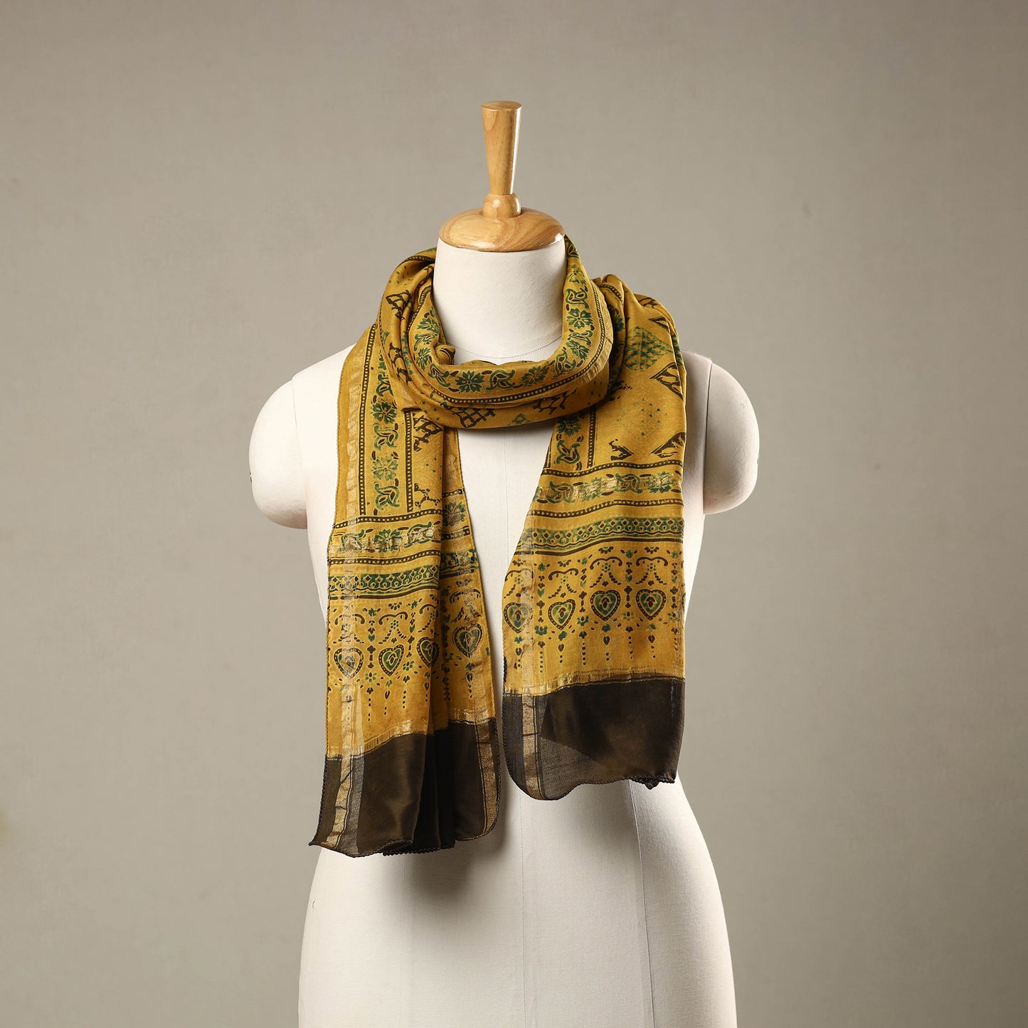 Yellow - Handloom Chanderi Silk Block Printed Ajrakh Stole 12