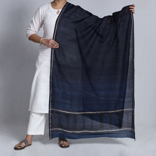 Blue - Bagh Block Printed Natural Dyed Chanderi Silk Handloom Dupatta with Zari Border