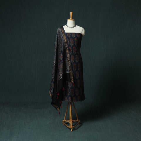 Blue - Ajrakh Hand Block Print Natural Dyed Maheshwari Silk 2pc Unstitched Dress Material Kurta Set 31