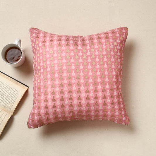 Pink - Banarasi Handwoven Zari Work Silk Cotton Cushion Cover (16 x 16 in) 07