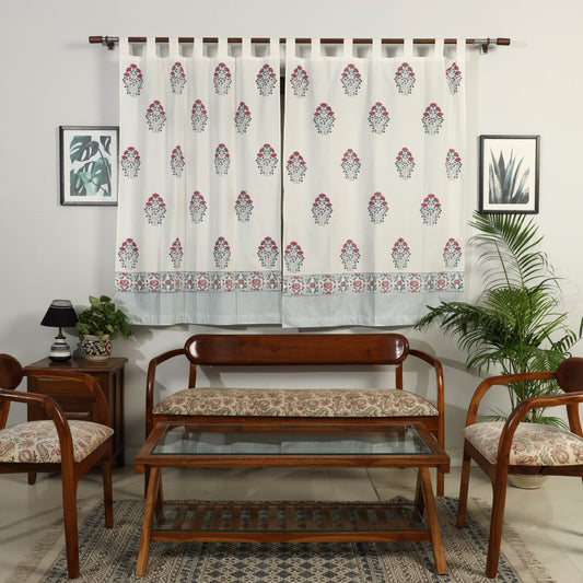 Pink - Sanganeri Floral Block Printed Cotton Window Curtain (5 x 3.5 Feet) (Single Piece)