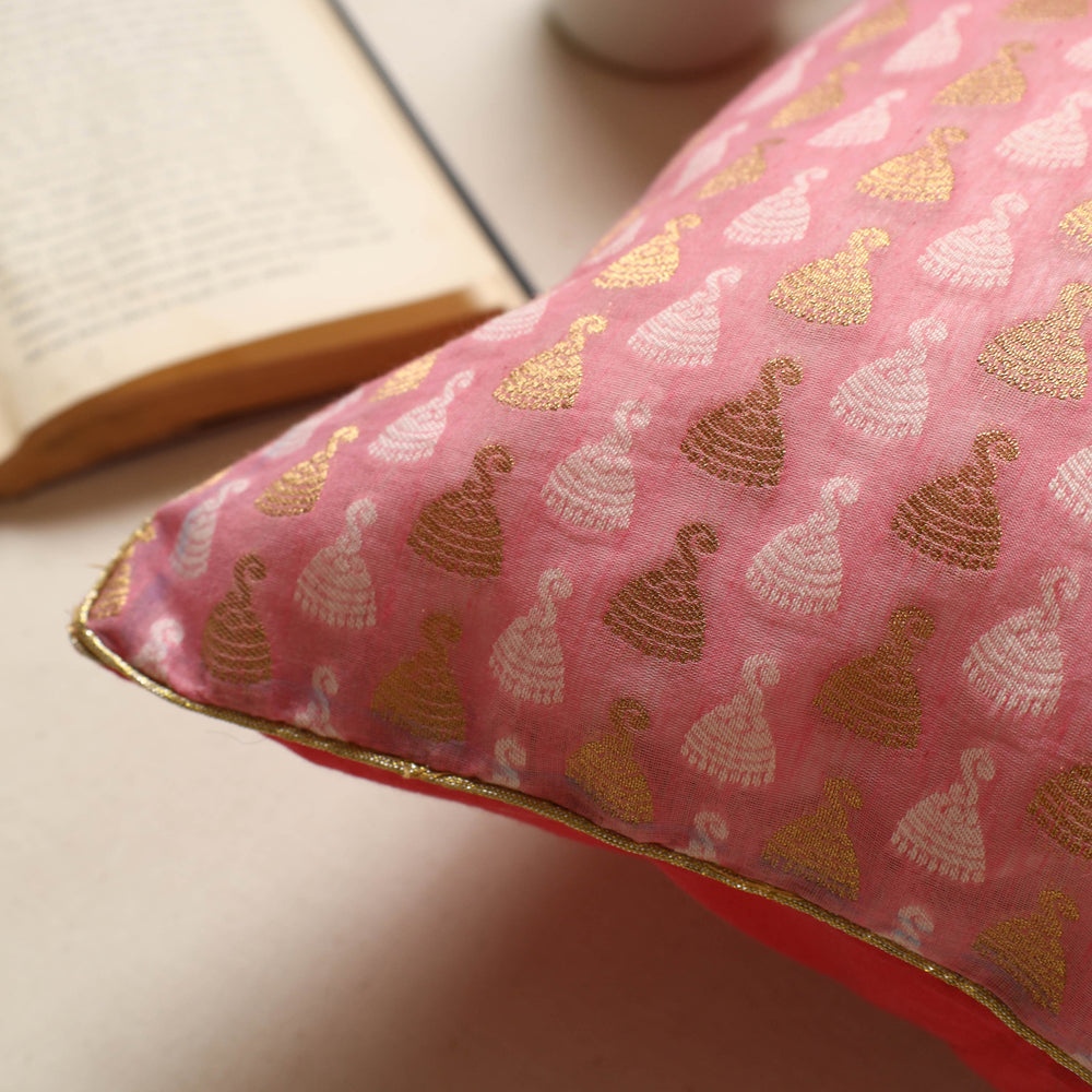 Pink - Banarasi Handwoven Zari Work Silk Cotton Cushion Cover (16 x 16 in) 07