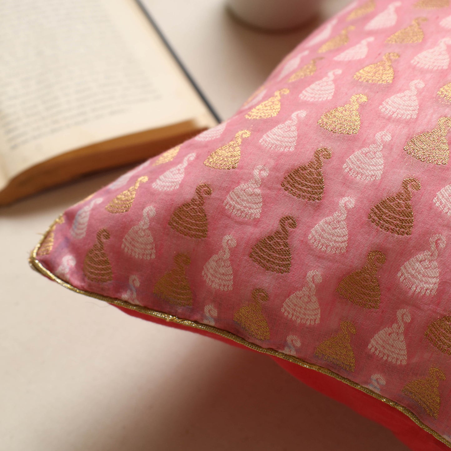 Pink - Banarasi Handwoven Zari Work Silk Cotton Cushion Cover (16 x 16 in) 07