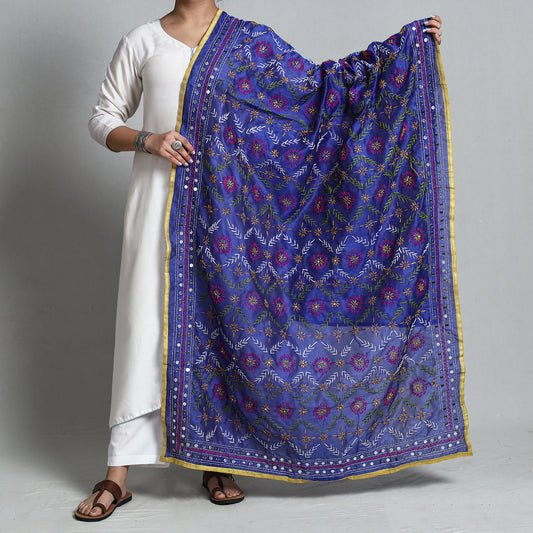 Blue - Ranihati Chanderi Silk Chapa Work Phulkari Embroidered Dupatta