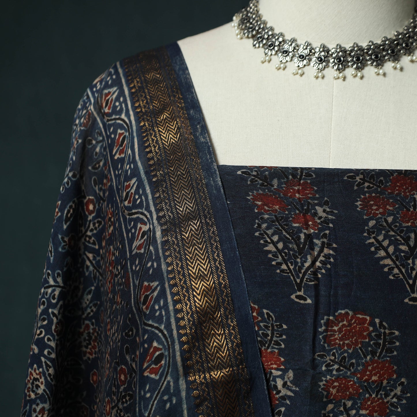 Blue - Ajrakh Hand Block Print Natural Dyed Maheshwari Silk 2pc Unstitched Dress Material Kurta Set 31