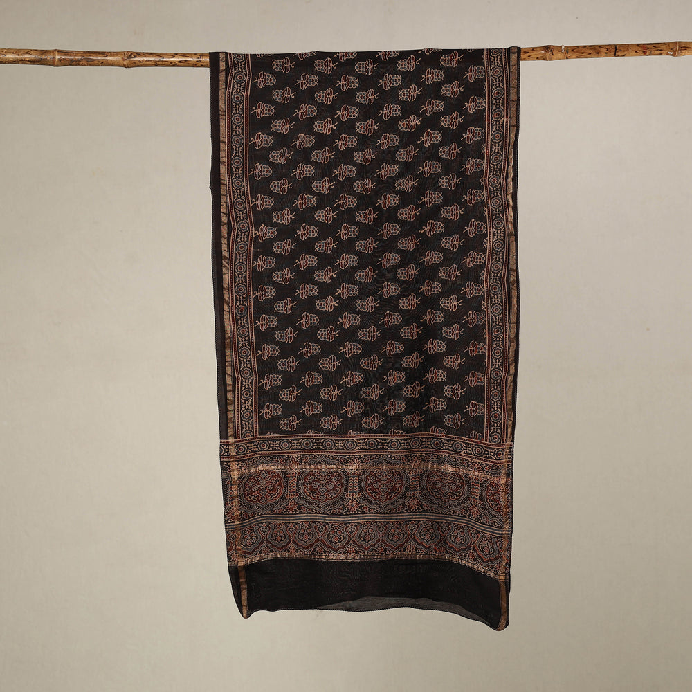 Black - Handloom Chanderi Silk Block Printed Ajrakh Stole 03