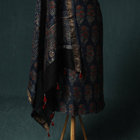 Blue - Ajrakh Hand Block Print Natural Dyed Maheshwari Silk 2pc Unstitched Dress Material Kurta Set 31