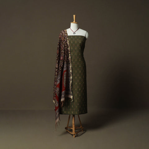 Pochampally Ikat Weave Cotton 2pc Unstitched Dress Material Kurta Set with Jewellery 12