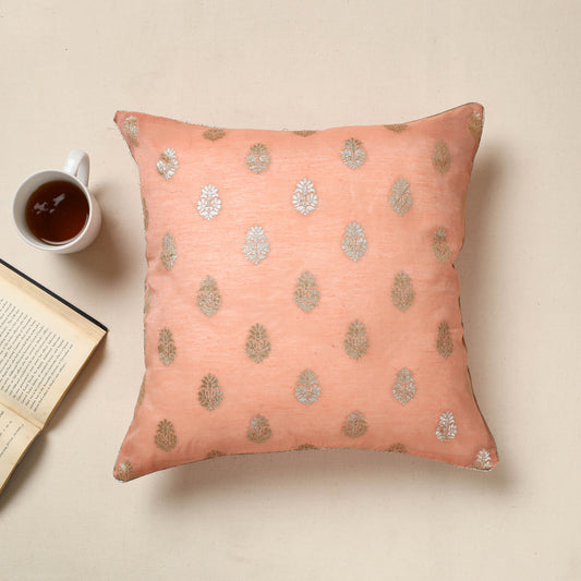 Peach - Banarasi Handwoven Zari Work Silk Cotton Cushion Cover (16 x 16 in) 08