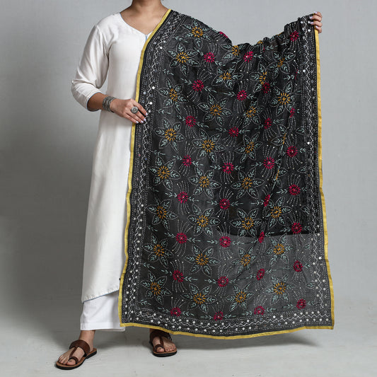 Black - Ranihati Chanderi Silk Chapa Work Phulkari Embroidered Dupatta
