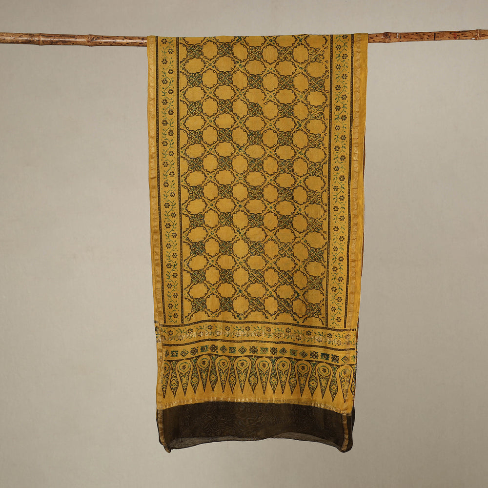 Yellow - Handloom Chanderi Silk Block Printed Ajrakh Stole 07