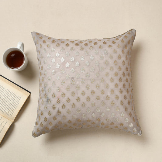 Grey - Banarasi Handwoven Zari Work Silk Cotton Cushion Cover (16 x 16 in) 09