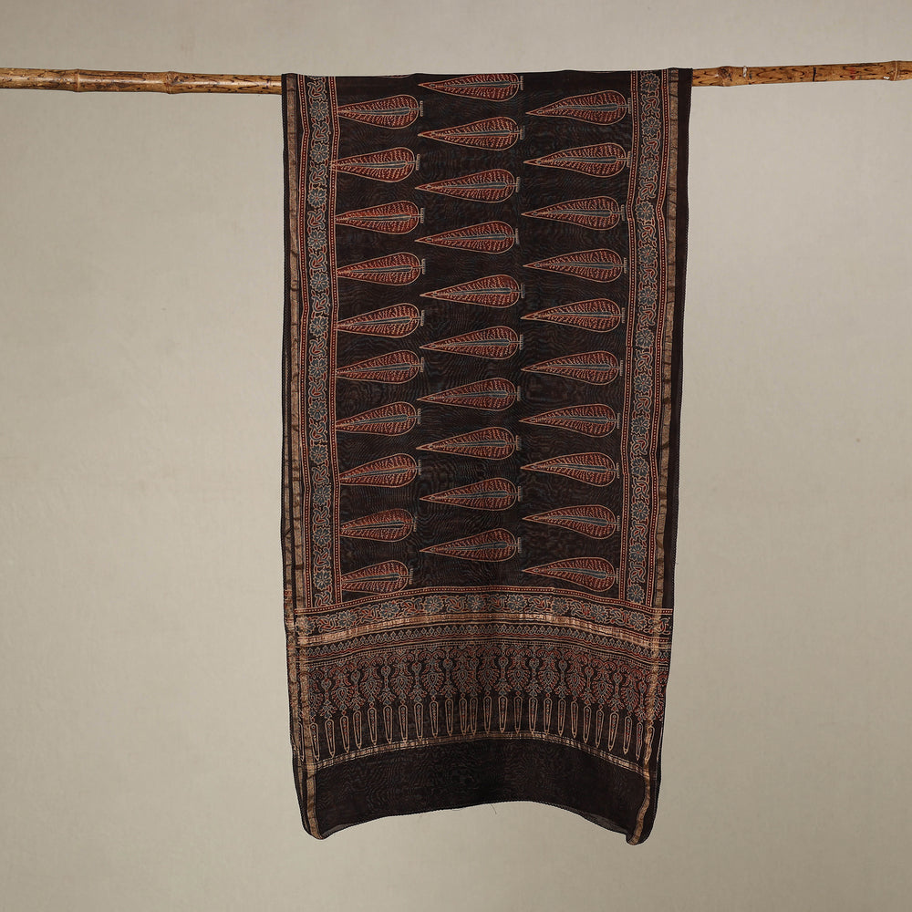 Black - Handloom Chanderi Silk Block Printed Ajrakh Stole 08