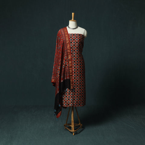 Red - Ajrakh Hand Block Print Natural Dyed Maheshwari Silk 2pc Unstitched Dress Material Kurta Set 32