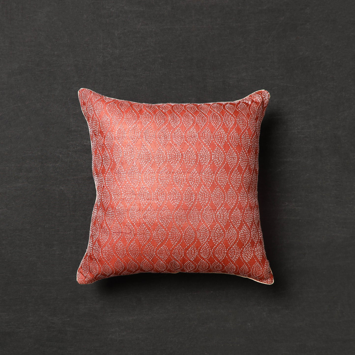 Orange - Tussar Silk Bengal Kantha Work Cushion Cover 17