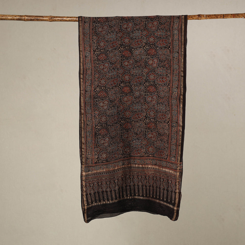 Black - Handloom Chanderi Silk Block Printed Ajrakh Stole 09