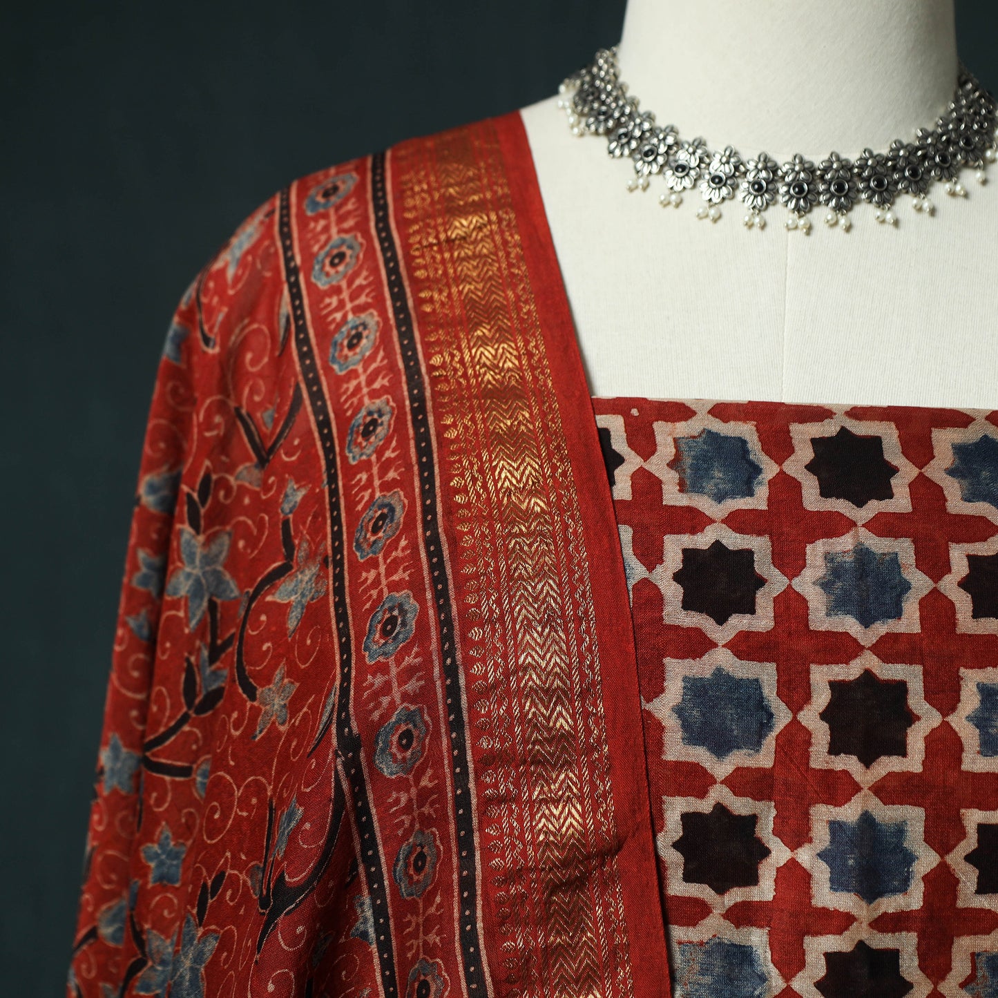 Red - Ajrakh Hand Block Print Natural Dyed Maheshwari Silk 2pc Unstitched Dress Material Kurta Set 32
