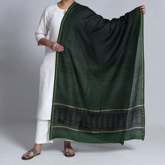 Green - Bagh Block Printed Natural Dyed Chanderi Silk Handloom Dupatta with Zari Border