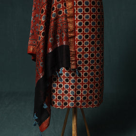 Red - Ajrakh Hand Block Print Natural Dyed Maheshwari Silk 2pc Unstitched Dress Material Kurta Set 32