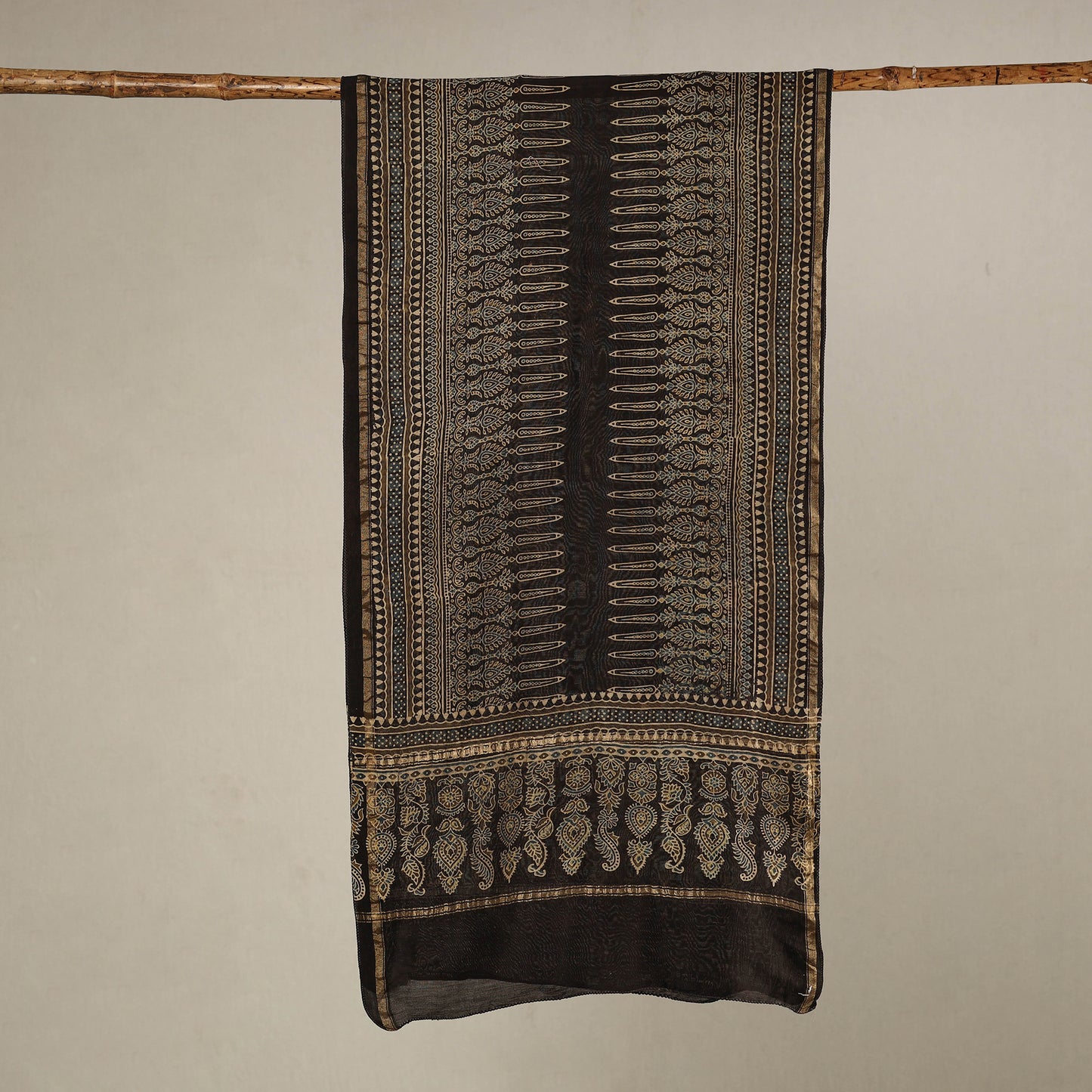 Black - Handloom Chanderi Silk Block Printed Ajrakh Stole 15