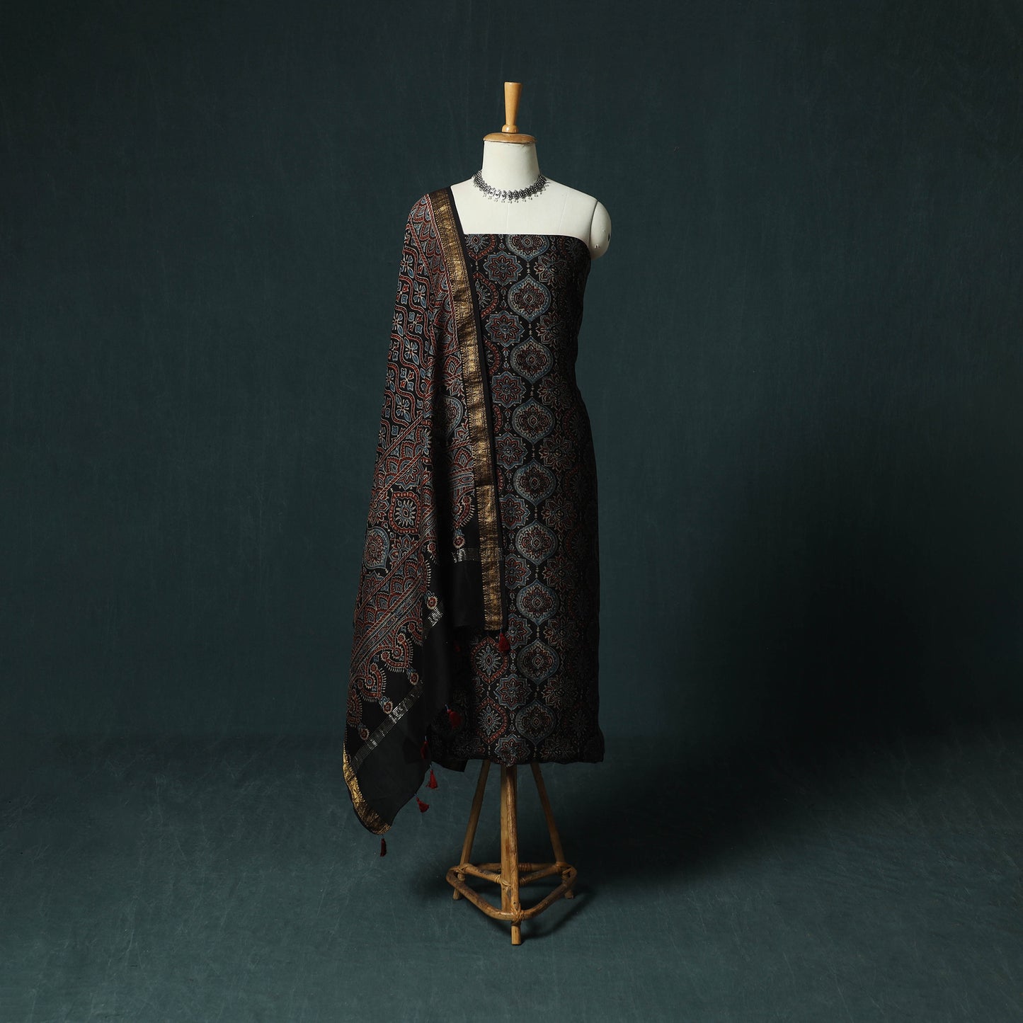 Black - Ajrakh Hand Block Print Natural Dyed Maheshwari Silk 2pc Unstitched Dress Material Kurta Set 33