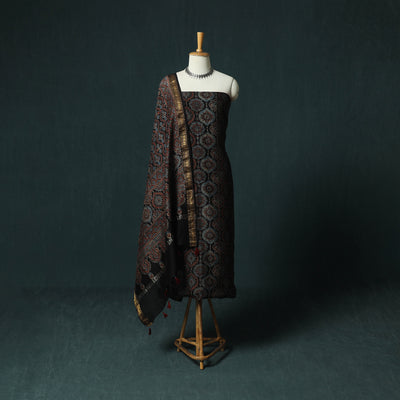 Black - Ajrakh Hand Block Print Natural Dyed Maheshwari Silk 2pc Unstitched Dress Material Kurta Set 33