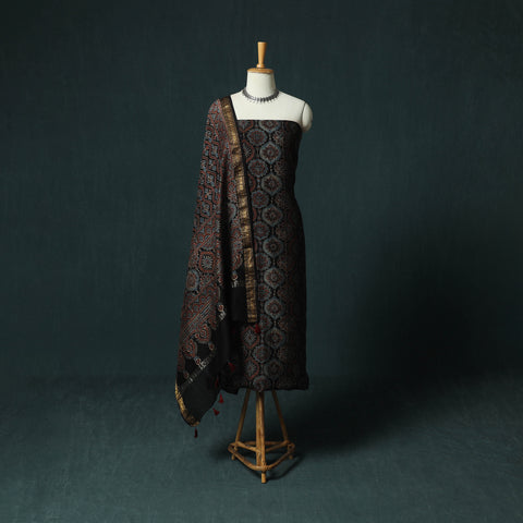 Black - Ajrakh Hand Block Print Natural Dyed Maheshwari Silk 2pc Unstitched Dress Material Kurta Set 33