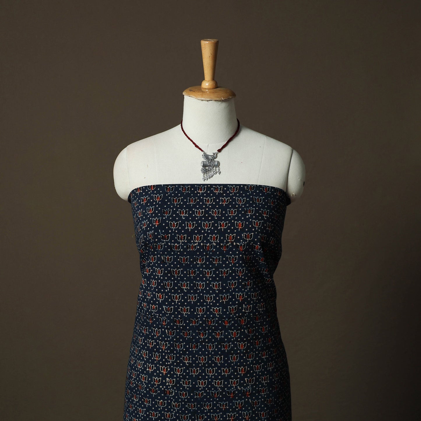 Ajrakh Hand Block Print Cotton 2pc Unstitched Dress Material Kurta Set with Jewellery 13