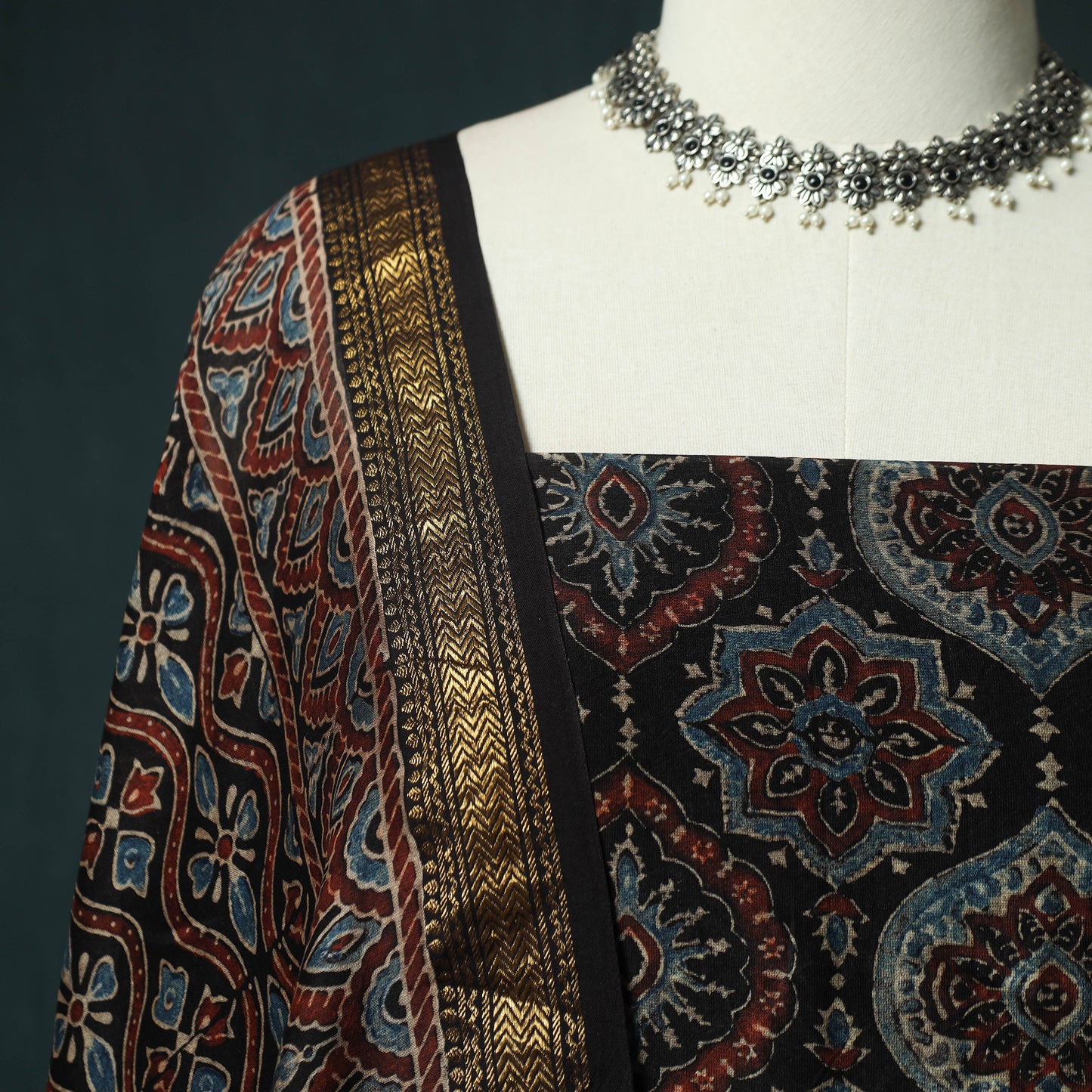 Black - Ajrakh Hand Block Print Natural Dyed Maheshwari Silk 2pc Unstitched Dress Material Kurta Set 33