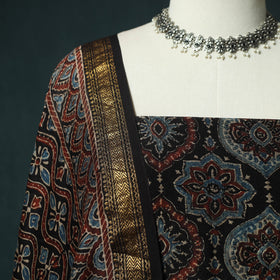 Black - Ajrakh Hand Block Print Natural Dyed Maheshwari Silk 2pc Unstitched Dress Material Kurta Set 33