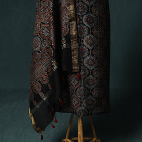 Black - Ajrakh Hand Block Print Natural Dyed Maheshwari Silk 2pc Unstitched Dress Material Kurta Set 33