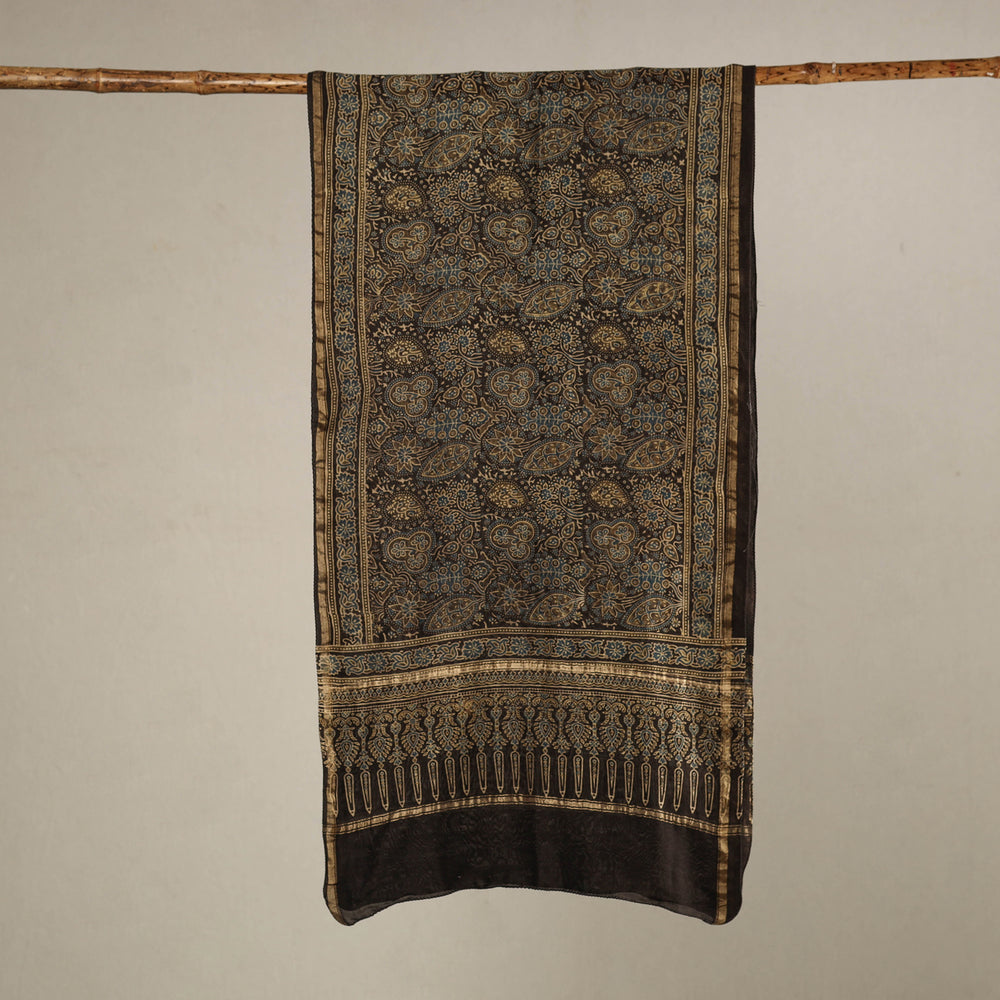 Black - Handloom Chanderi Silk Block Printed Ajrakh Stole 21