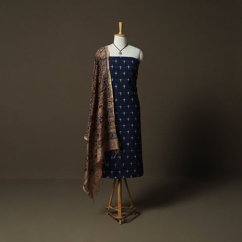 Pochampally Double Ikat Cotton 2pc Unstitched Dress Material Kurta Set with Jewellery 14