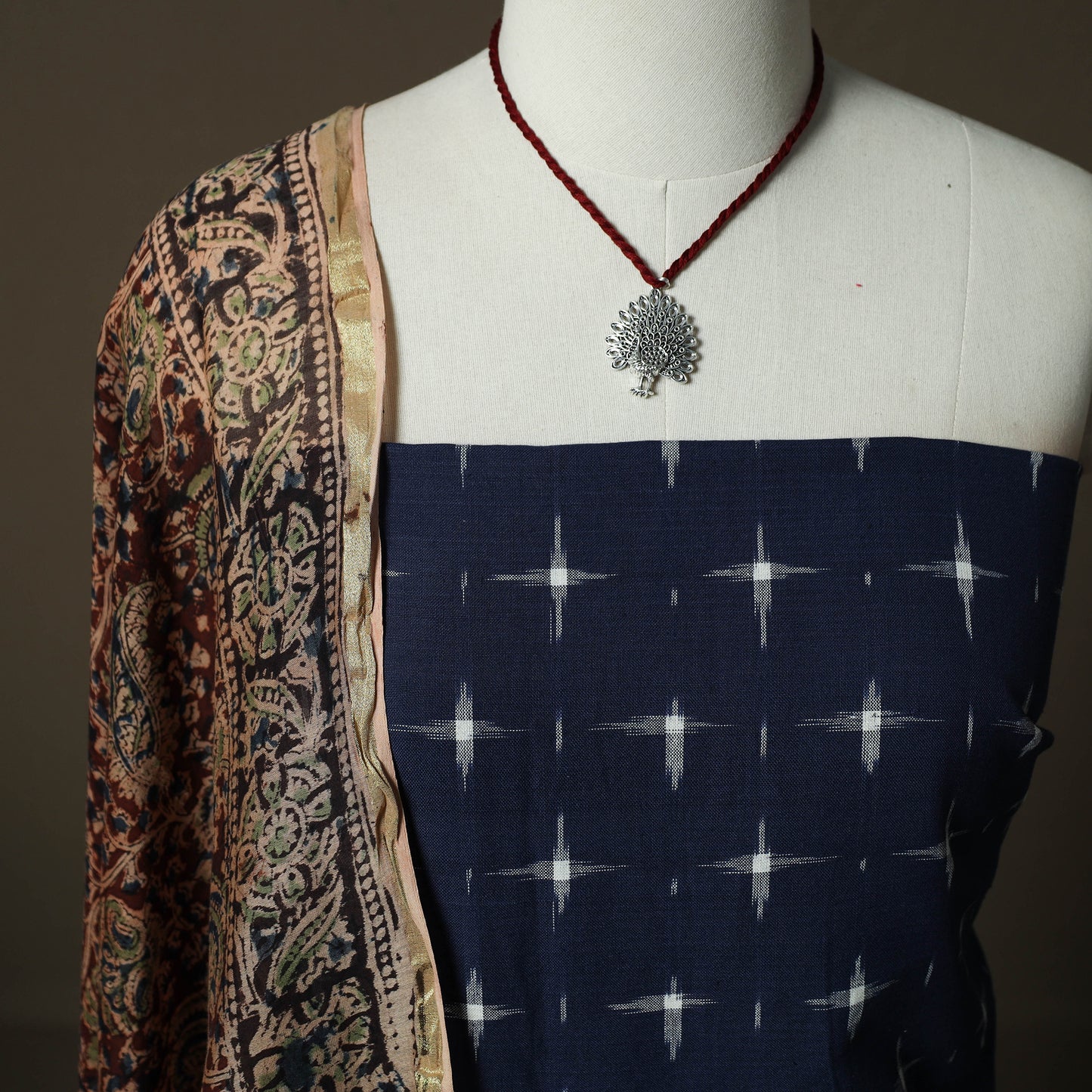 Pochampally Double Ikat Cotton 2pc Unstitched Dress Material Kurta Set with Jewellery 14