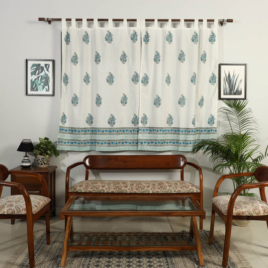 Blue - Sanganeri Block Printed Cotton Window Curtain (5 x 3.5 Feet) (Single Piece)