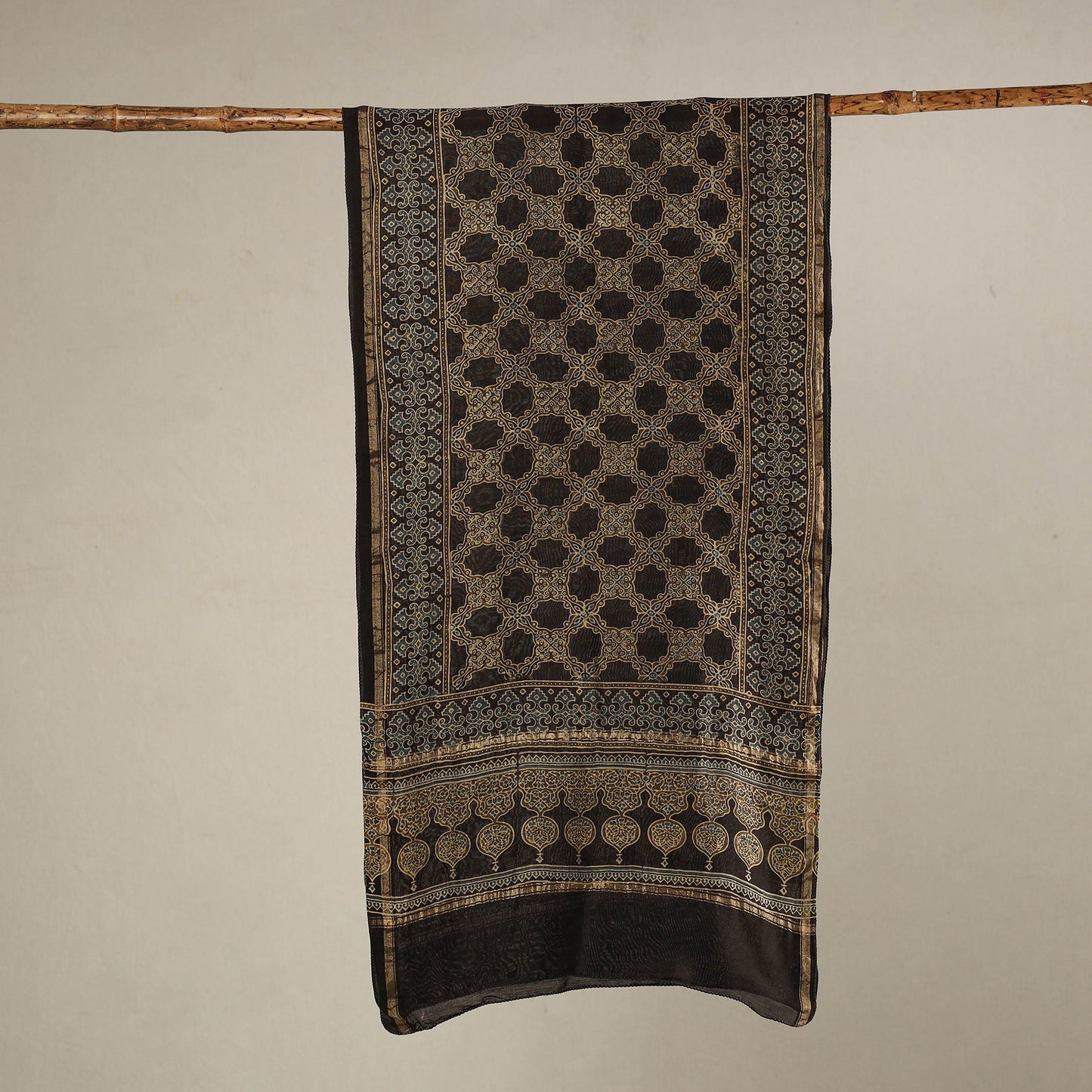 Black - Handloom Chanderi Silk Block Printed Ajrakh Stole 10