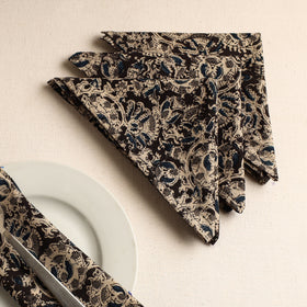Set of 4 - Black Kalamkari Block Printed Cotton Table Napkins