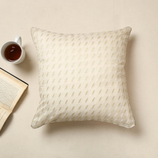 White - Banarasi Handwoven Zari Work Silk Cotton Cushion Cover (16 x 16 in) 13