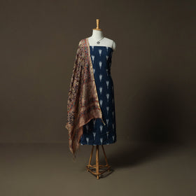 Pochampally Ikat Weave Cotton 2pc Unstitched Dress Material Kurta Set with Jewellery 15