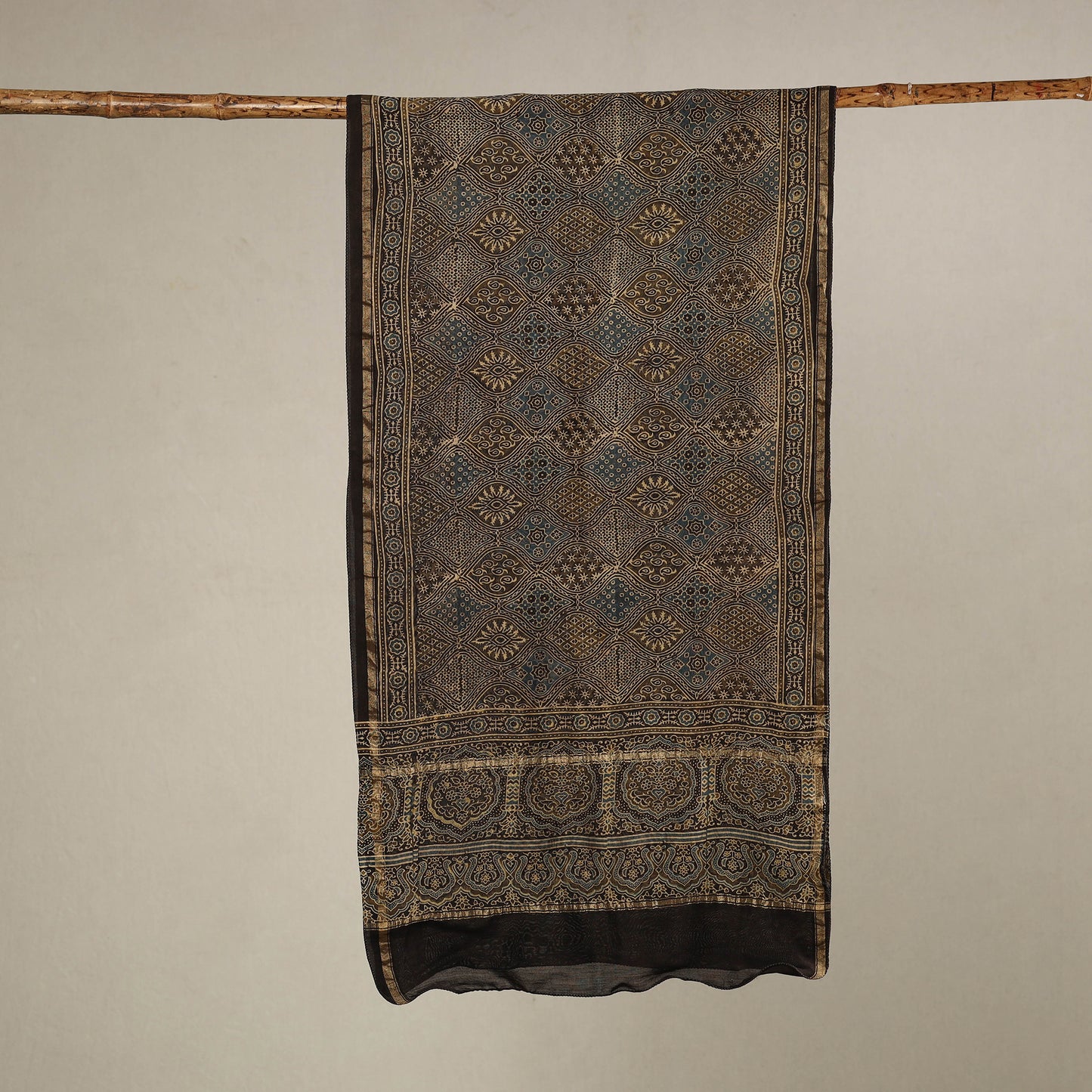 Black - Handloom Chanderi Silk Block Printed Ajrakh Stole 17