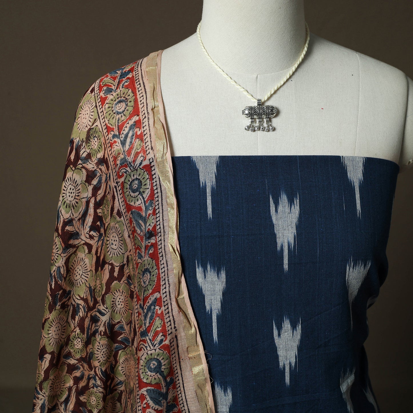 Pochampally Ikat Weave Cotton 2pc Unstitched Dress Material Kurta Set with Jewellery 15