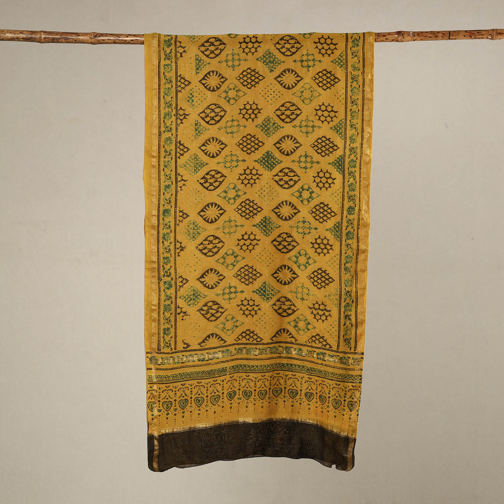 Yellow - Handloom Chanderi Silk Block Printed Ajrakh Stole 12