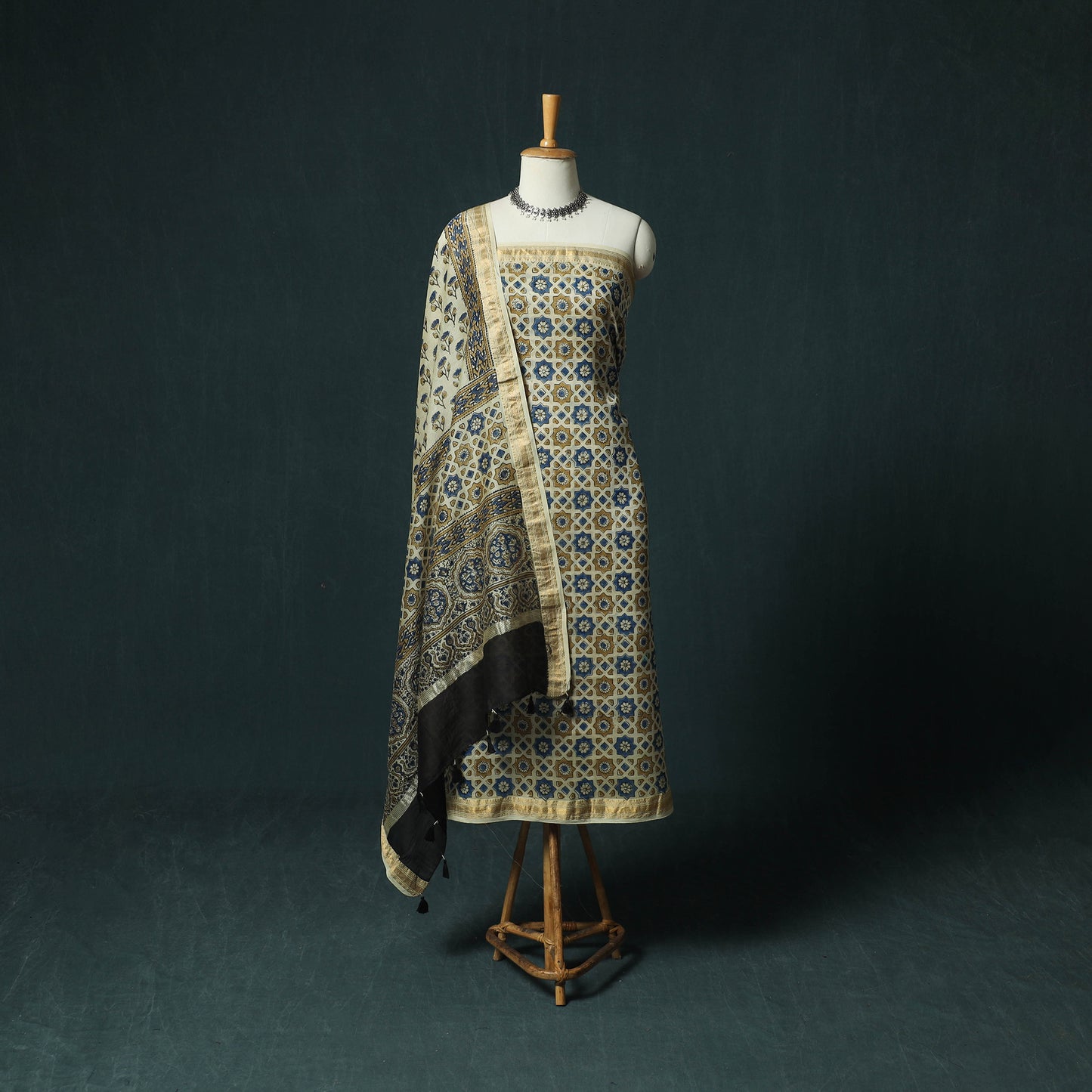 Beige - Ajrakh Hand Block Print Natural Dyed Maheshwari Silk 2pc Unstitched Dress Material Kurta Set 34