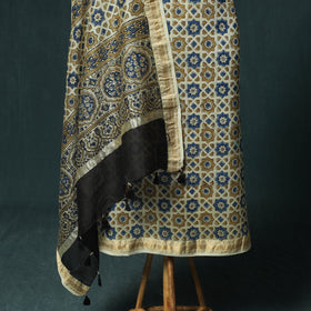 Beige - Ajrakh Hand Block Print Natural Dyed Maheshwari Silk 2pc Unstitched Dress Material Kurta Set 34